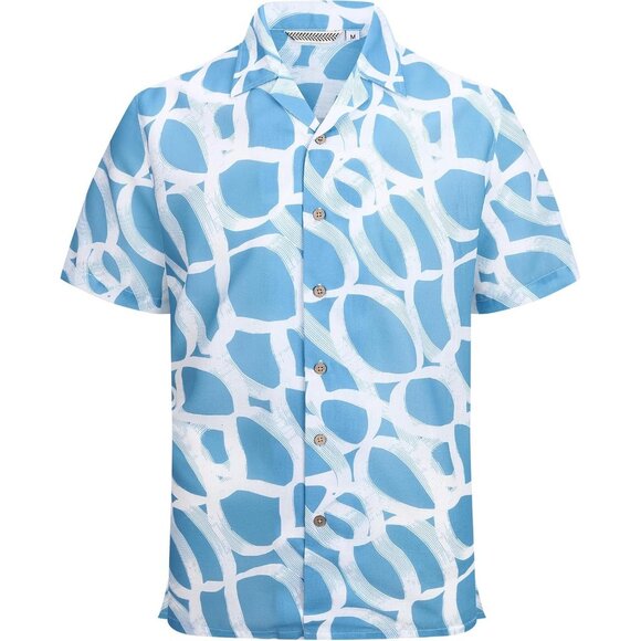 Men Blue White Short Sleeve Button Up Casual Shirt Lightweight Summer Beach - Picture 3 of 5